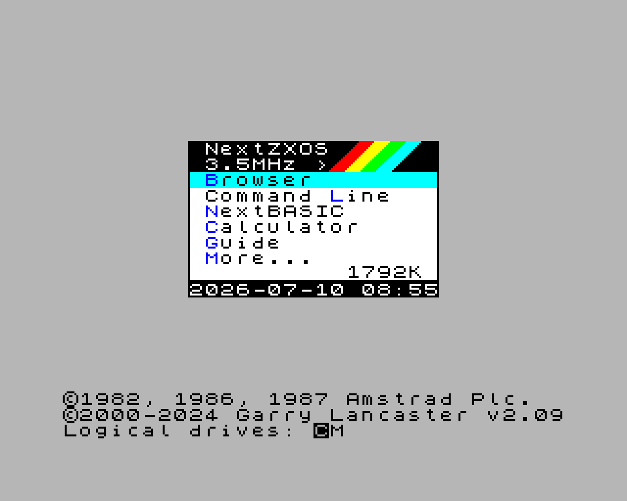 The NextZXOS boot menu, with Browser, Command Line, NextBASIC and Calculator entries.