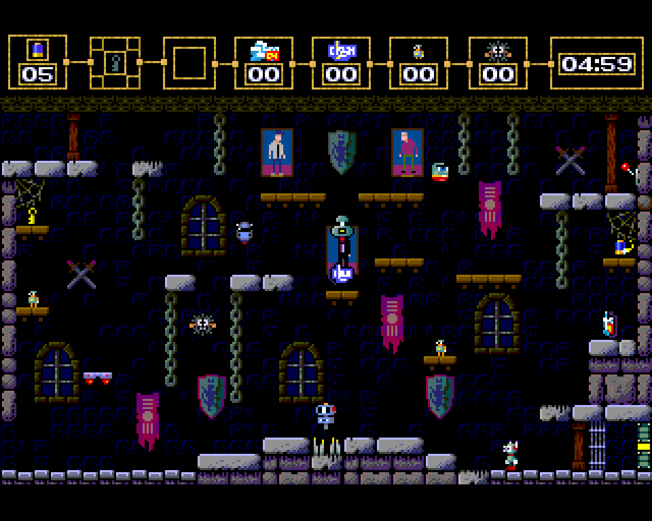 A Next game rendering a castle interior with sprites, tiles and a status bar.